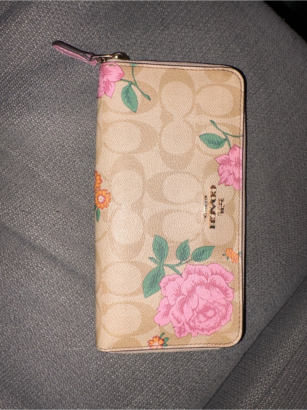 Coach Beige Signature Floral Zip Wallet with Pink Roses